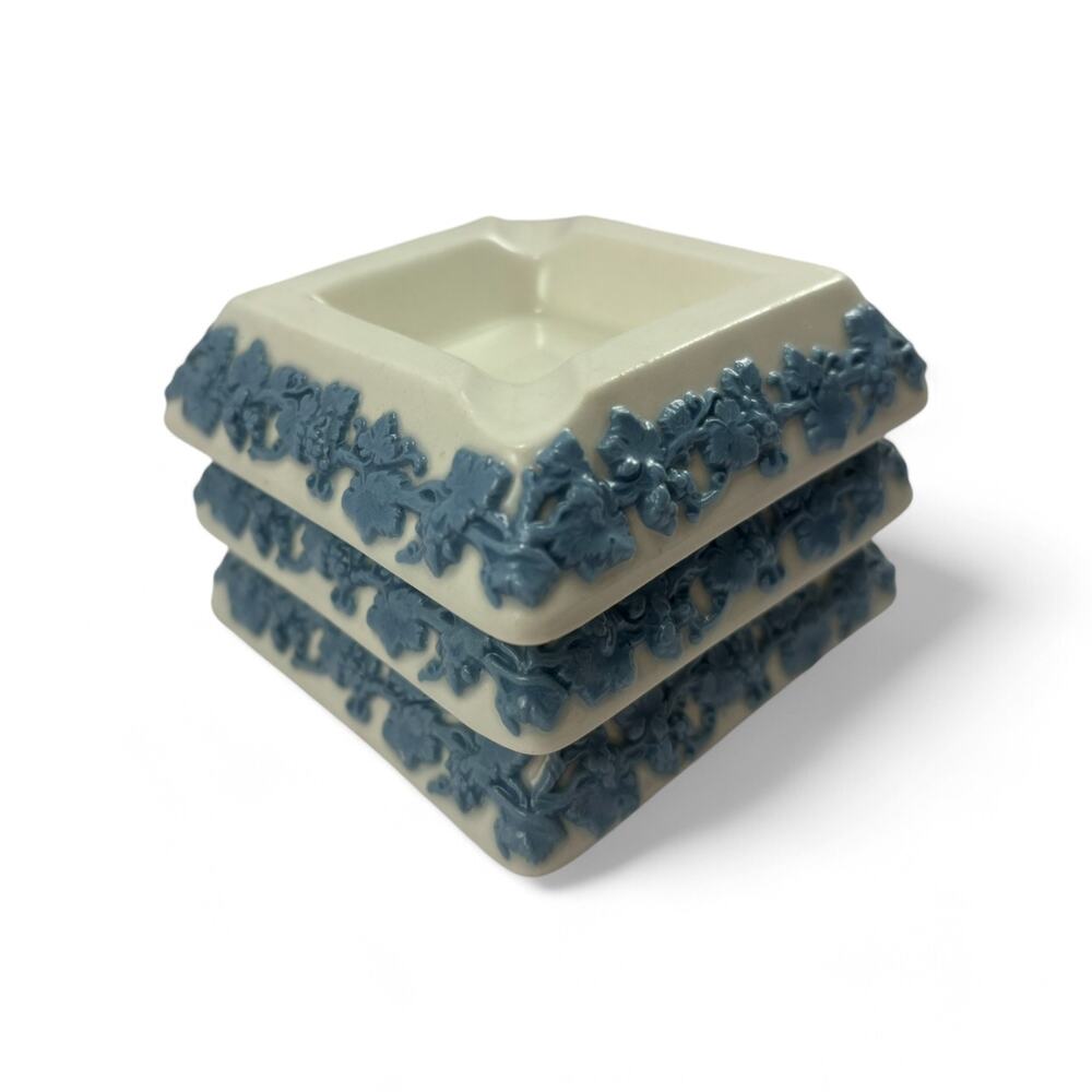 Wedgwood 1950s Embossed Queensware Square Ashtrays Set of 3 White w Blue Relief